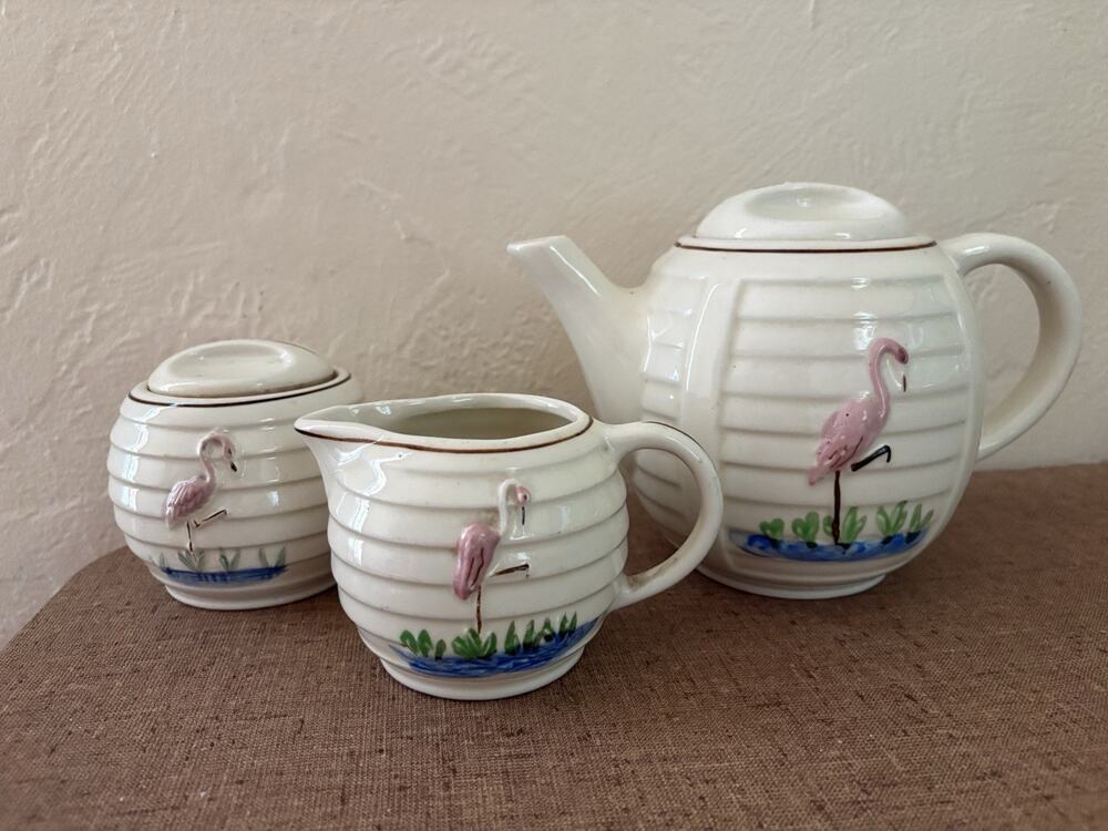 Vintage Porcelier Pink Flamingo Tea Set 3 Pc Hand Painted Art Deco Mid Century